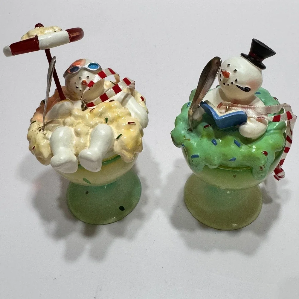 Set 2 Sears Whimsical Snowman beach Book Bath Chill Sundae Christmas Ornaments